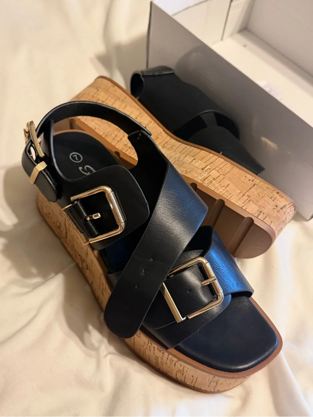 Fashion Nova Black Cork Platform Sandals with Buckle Straps